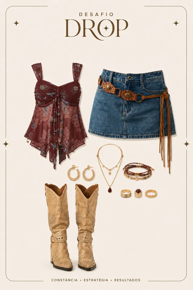 Template feminino: blusa estampada, saia jeans, bota e acessórios dourados