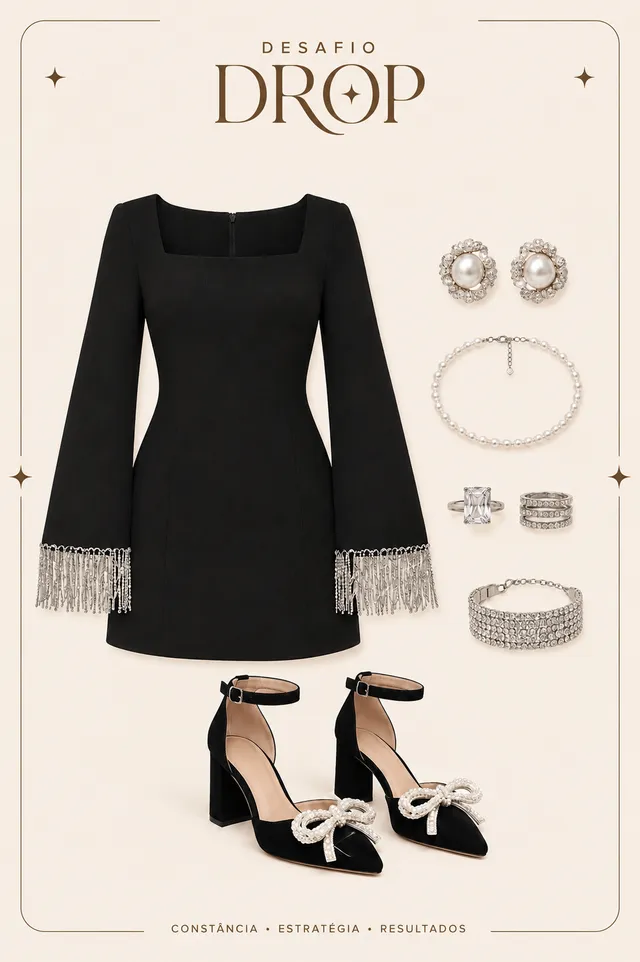 Template feminino: vestido preto com franjas, scarpin com laço e joias de pérola