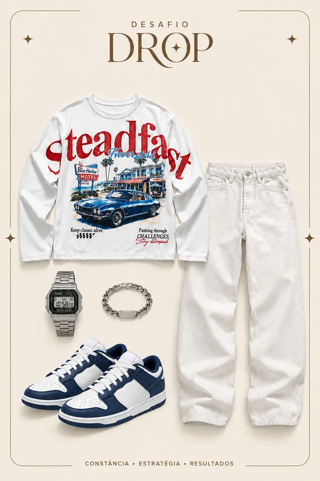 Template masculino: camiseta estampada, calça clara e tênis