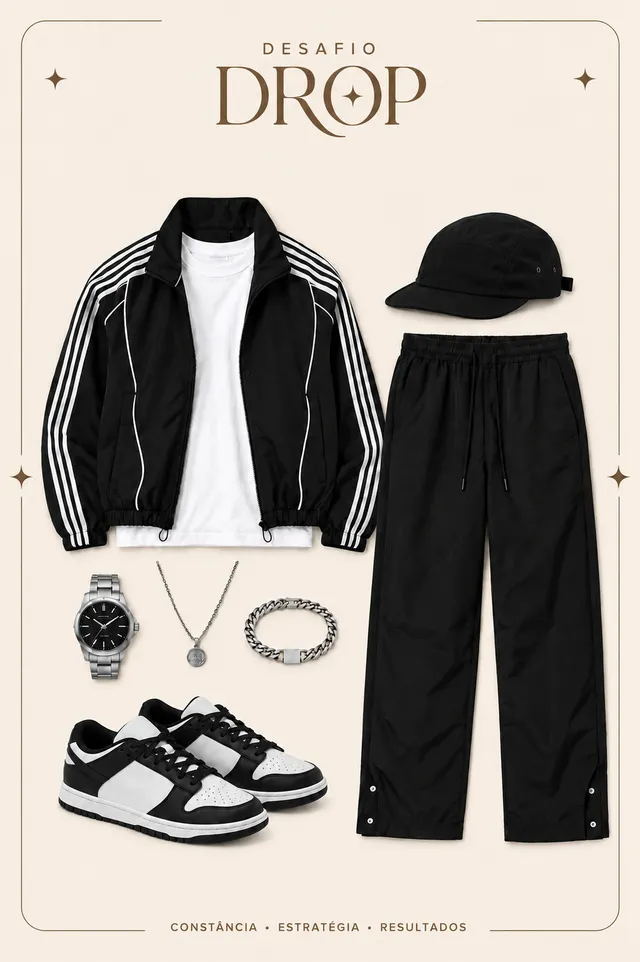 Template masculino: jaqueta esportiva, calça preta, boné e tênis